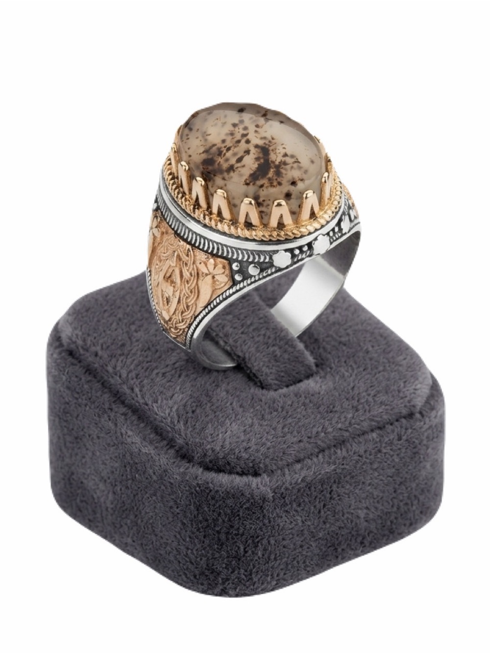 New Anitolia Stainless Steel Mens Ring with Ornaments and White Agate Stone
